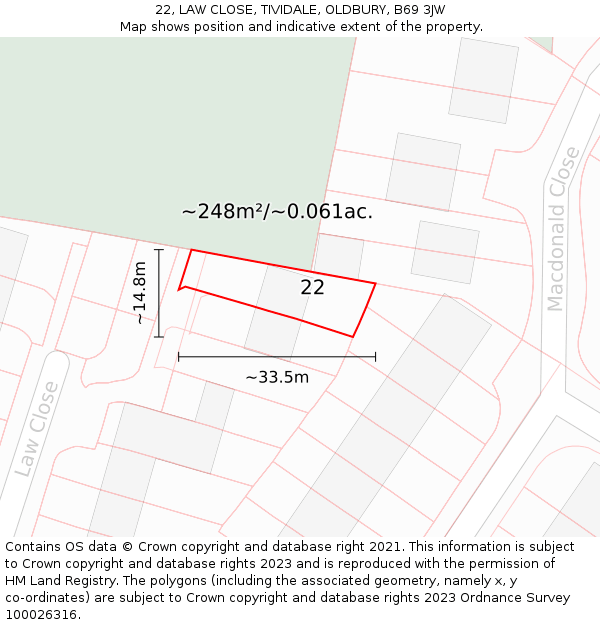 22, LAW CLOSE, TIVIDALE, OLDBURY, B69 3JW: Plot and title map