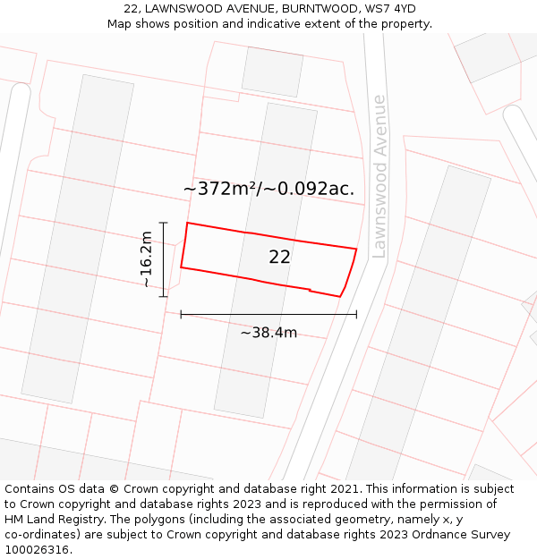 22, LAWNSWOOD AVENUE, BURNTWOOD, WS7 4YD: Plot and title map