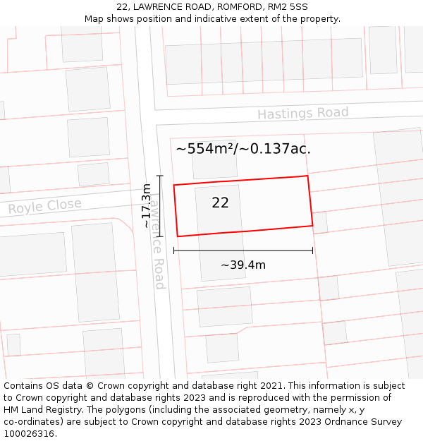 22, LAWRENCE ROAD, ROMFORD, RM2 5SS: Plot and title map