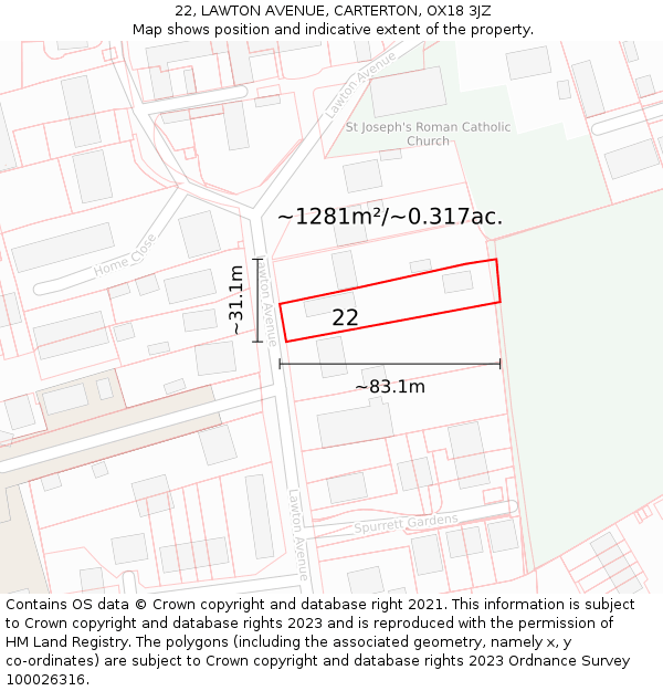 22, LAWTON AVENUE, CARTERTON, OX18 3JZ: Plot and title map