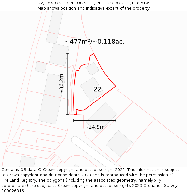 22, LAXTON DRIVE, OUNDLE, PETERBOROUGH, PE8 5TW: Plot and title map