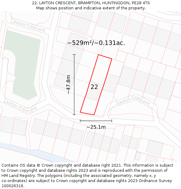 22, LAYTON CRESCENT, BRAMPTON, HUNTINGDON, PE28 4TS: Plot and title map