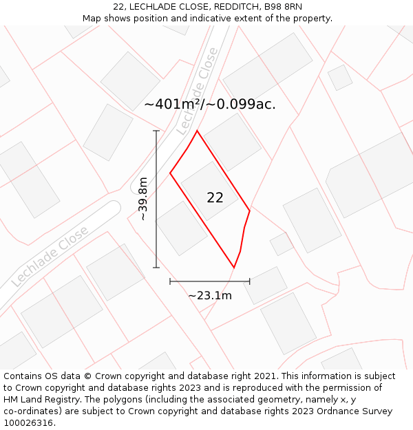 22, LECHLADE CLOSE, REDDITCH, B98 8RN: Plot and title map