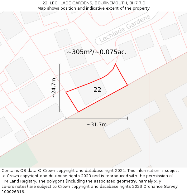 22, LECHLADE GARDENS, BOURNEMOUTH, BH7 7JD: Plot and title map