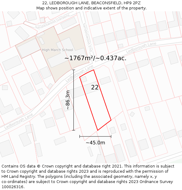 22, LEDBOROUGH LANE, BEACONSFIELD, HP9 2PZ: Plot and title map