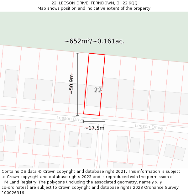 22, LEESON DRIVE, FERNDOWN, BH22 9QQ: Plot and title map