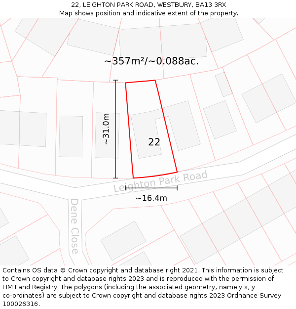 22, LEIGHTON PARK ROAD, WESTBURY, BA13 3RX: Plot and title map