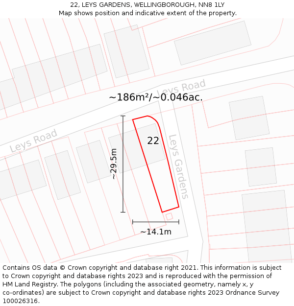 22, LEYS GARDENS, WELLINGBOROUGH, NN8 1LY: Plot and title map