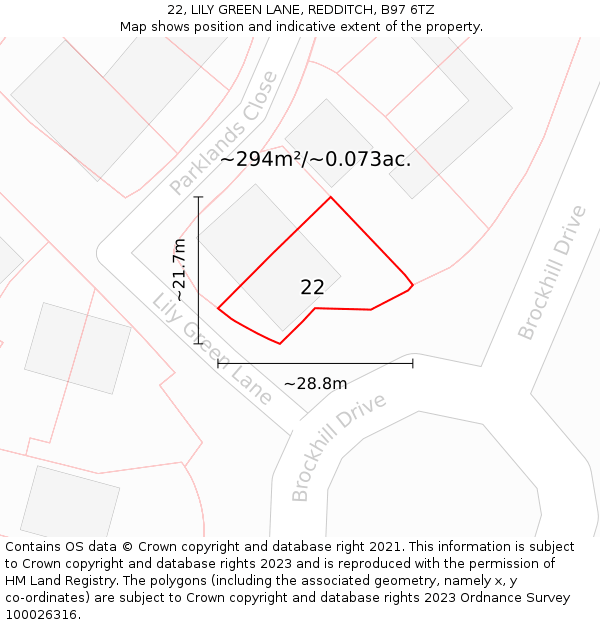 22, LILY GREEN LANE, REDDITCH, B97 6TZ: Plot and title map