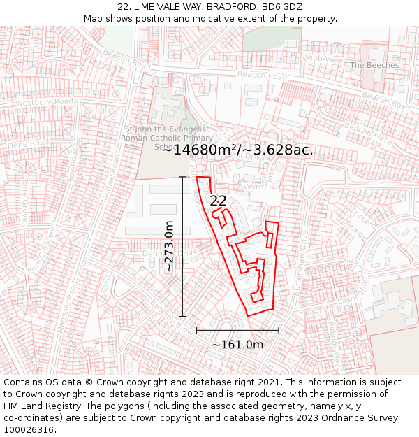 22, LIME VALE WAY, BRADFORD, BD6 3DZ: Plot and title map