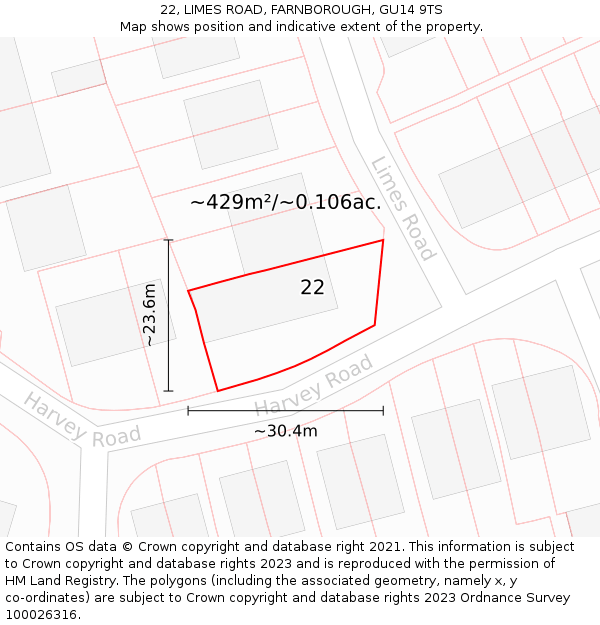 22, LIMES ROAD, FARNBOROUGH, GU14 9TS: Plot and title map