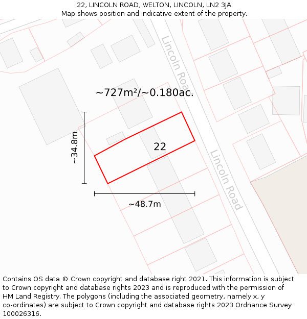 22, LINCOLN ROAD, WELTON, LINCOLN, LN2 3JA: Plot and title map