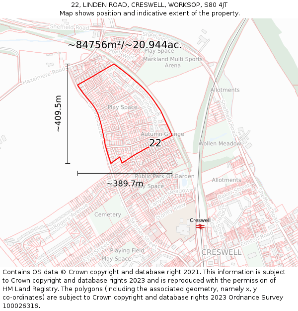 22, LINDEN ROAD, CRESWELL, WORKSOP, S80 4JT: Plot and title map