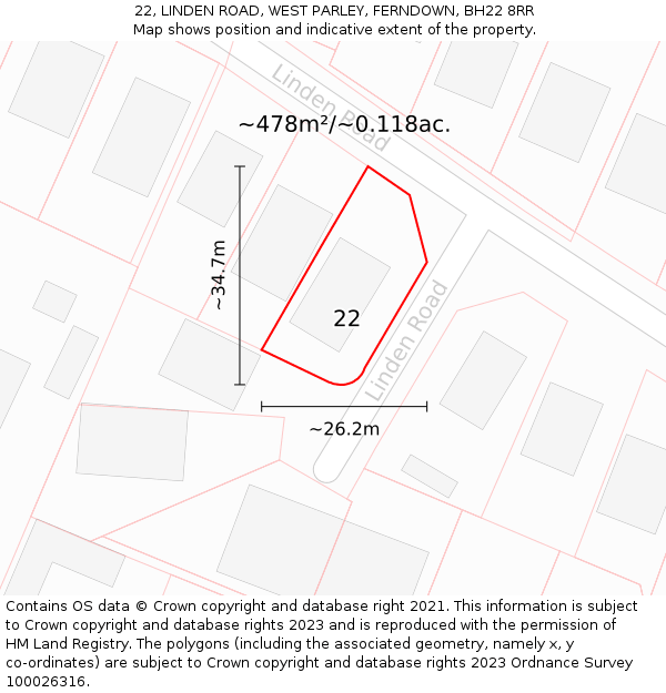 22, LINDEN ROAD, WEST PARLEY, FERNDOWN, BH22 8RR: Plot and title map
