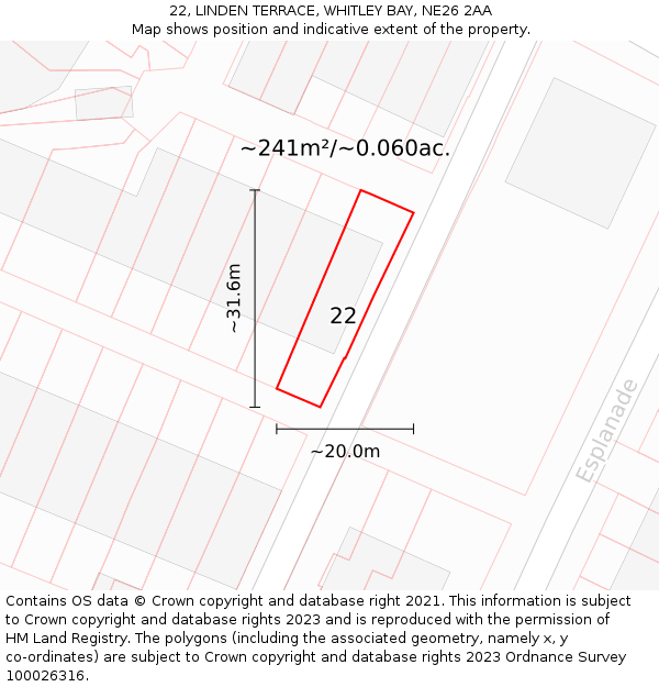 22, LINDEN TERRACE, WHITLEY BAY, NE26 2AA: Plot and title map