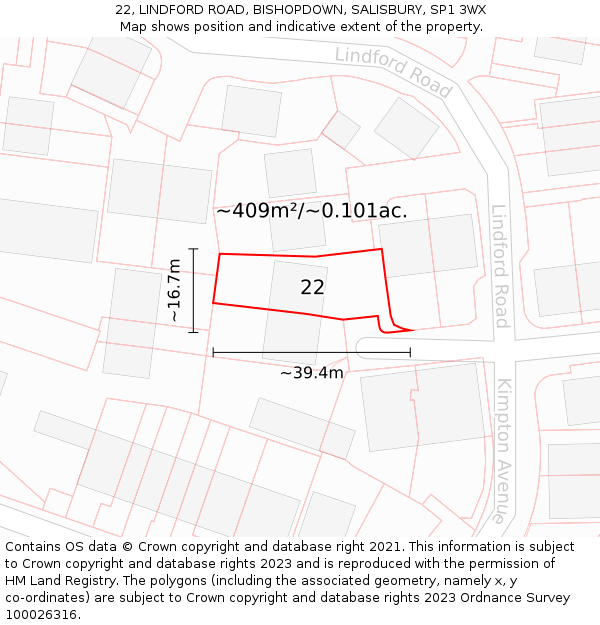22, LINDFORD ROAD, BISHOPDOWN, SALISBURY, SP1 3WX: Plot and title map