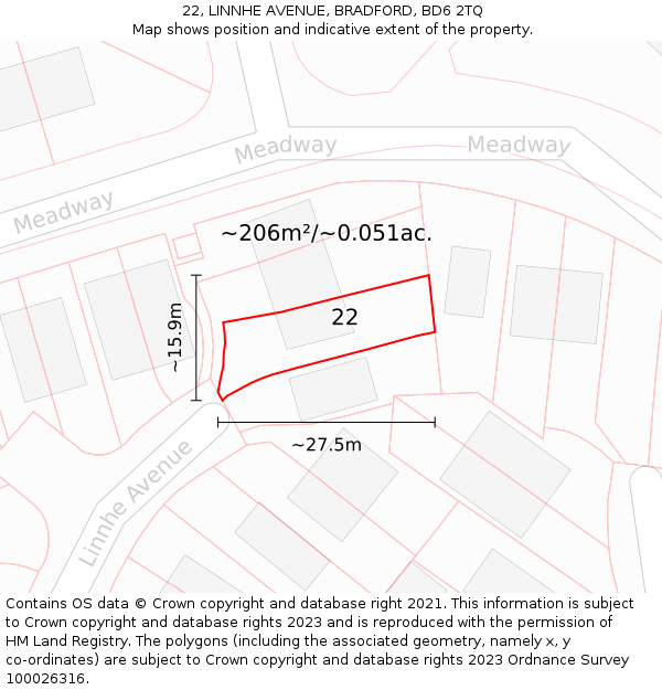 22, LINNHE AVENUE, BRADFORD, BD6 2TQ: Plot and title map