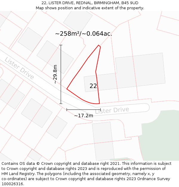 22, LISTER DRIVE, REDNAL, BIRMINGHAM, B45 9UD: Plot and title map