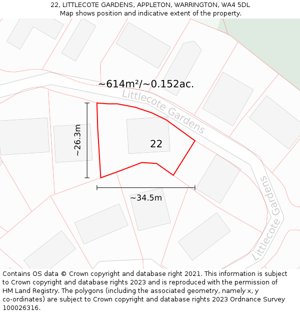 22, LITTLECOTE GARDENS, APPLETON, WARRINGTON, WA4 5DL: Plot and title map