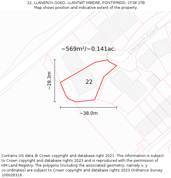 22, LLANERCH GOED, LLANTWIT FARDRE, PONTYPRIDD, CF38 2TB: Plot and title map