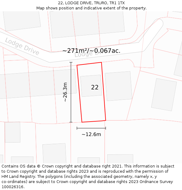 22, LODGE DRIVE, TRURO, TR1 1TX: Plot and title map