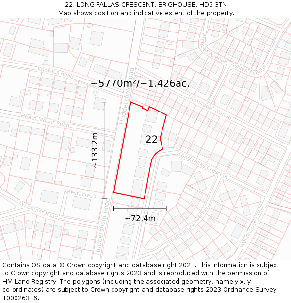 22, LONG FALLAS CRESCENT, BRIGHOUSE, HD6 3TN: Plot and title map