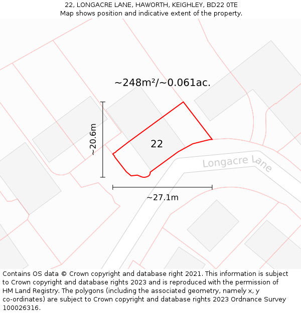 22, LONGACRE LANE, HAWORTH, KEIGHLEY, BD22 0TE: Plot and title map