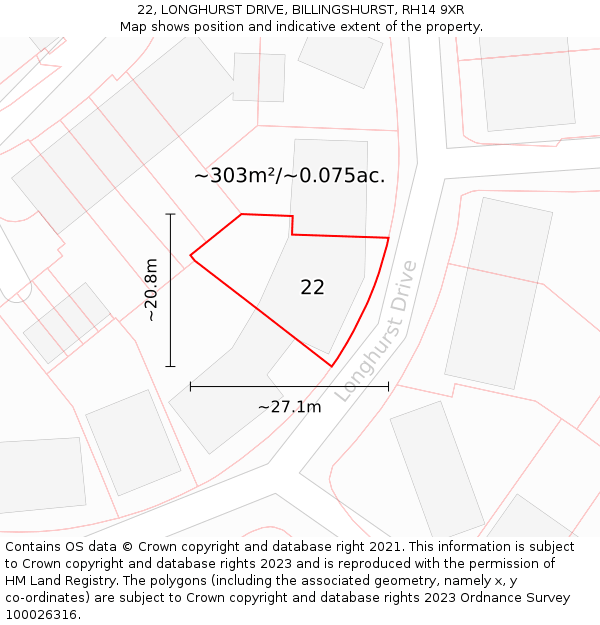 22, LONGHURST DRIVE, BILLINGSHURST, RH14 9XR: Plot and title map