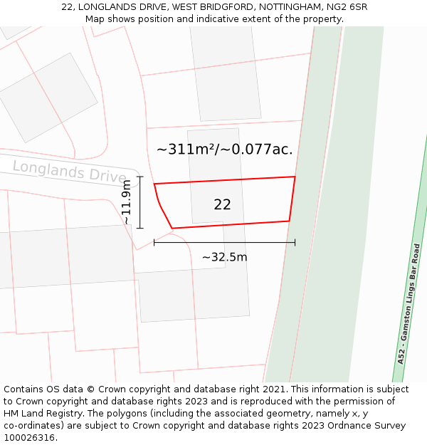 22, LONGLANDS DRIVE, WEST BRIDGFORD, NOTTINGHAM, NG2 6SR: Plot and title map