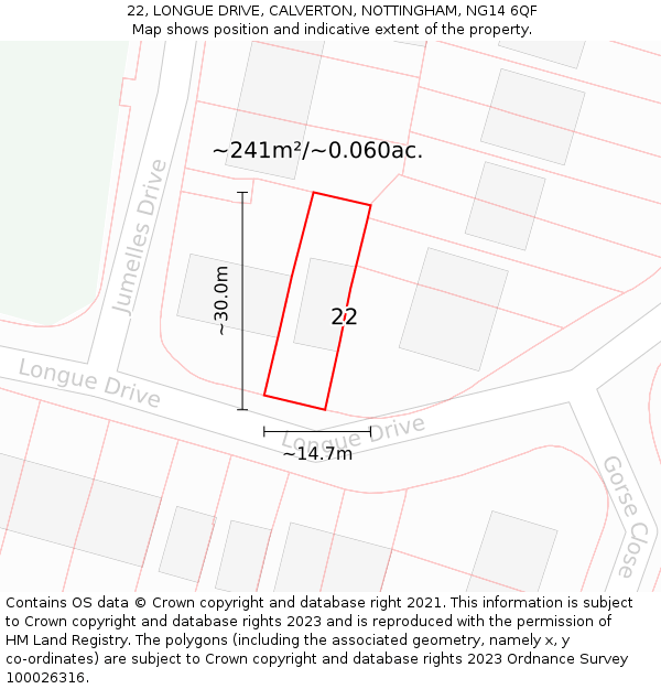 22, LONGUE DRIVE, CALVERTON, NOTTINGHAM, NG14 6QF: Plot and title map