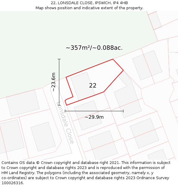 22, LONSDALE CLOSE, IPSWICH, IP4 4HB: Plot and title map