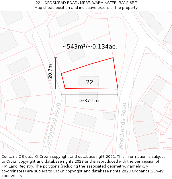 22, LORDSMEAD ROAD, MERE, WARMINSTER, BA12 6BZ: Plot and title map