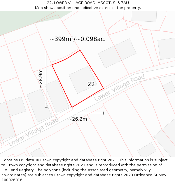 22, LOWER VILLAGE ROAD, ASCOT, SL5 7AU: Plot and title map