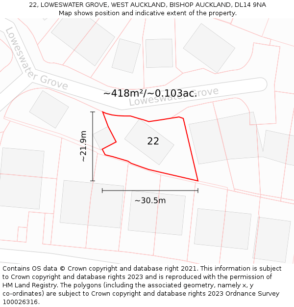 22, LOWESWATER GROVE, WEST AUCKLAND, BISHOP AUCKLAND, DL14 9NA: Plot and title map