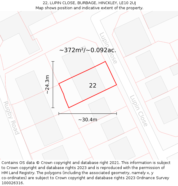 22, LUPIN CLOSE, BURBAGE, HINCKLEY, LE10 2UJ: Plot and title map