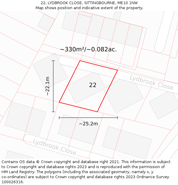 22, LYDBROOK CLOSE, SITTINGBOURNE, ME10 1NW: Plot and title map