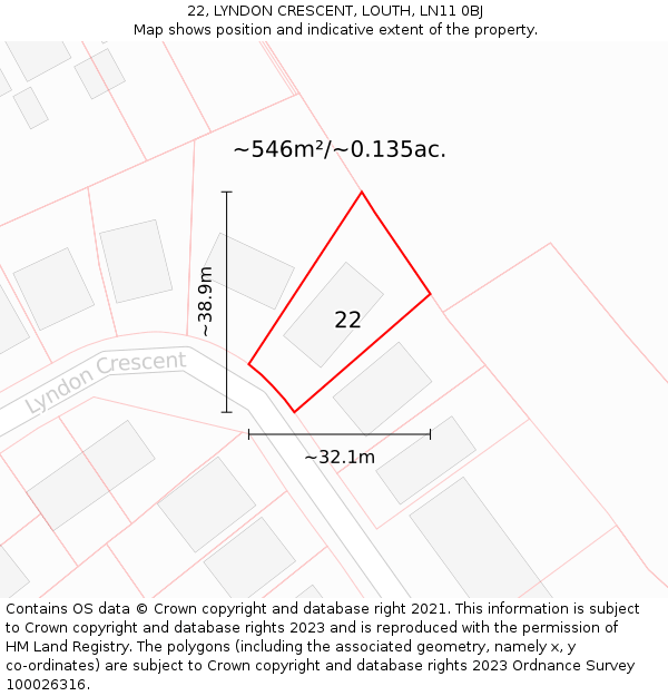 22, LYNDON CRESCENT, LOUTH, LN11 0BJ: Plot and title map