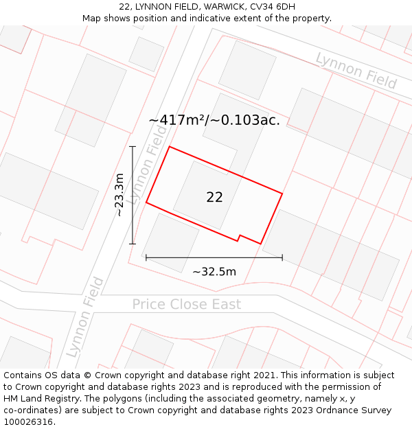 22, LYNNON FIELD, WARWICK, CV34 6DH: Plot and title map