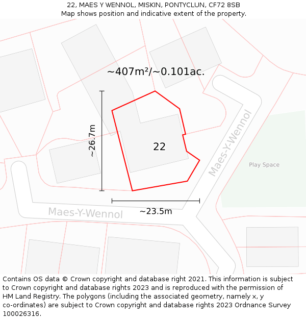 22, MAES Y WENNOL, MISKIN, PONTYCLUN, CF72 8SB: Plot and title map