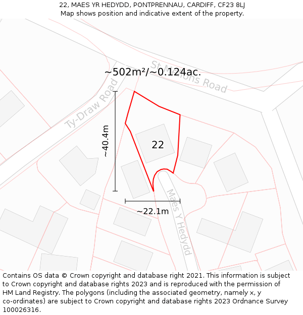 22, MAES YR HEDYDD, PONTPRENNAU, CARDIFF, CF23 8LJ: Plot and title map