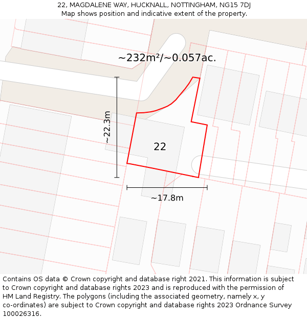 22, MAGDALENE WAY, HUCKNALL, NOTTINGHAM, NG15 7DJ: Plot and title map