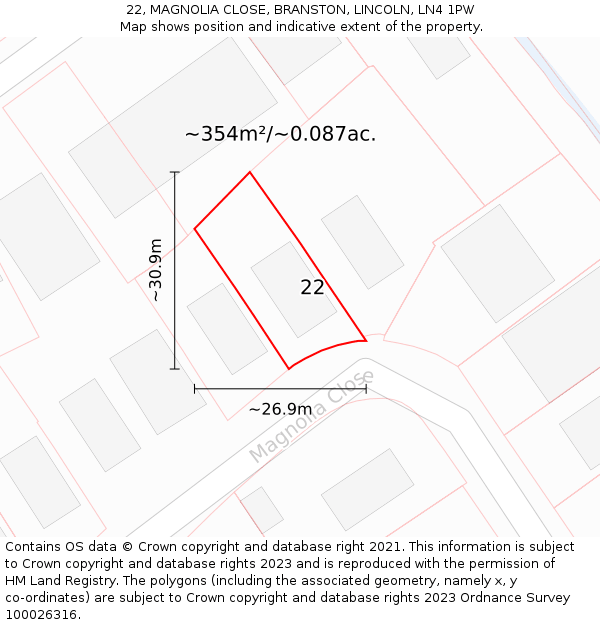 22, MAGNOLIA CLOSE, BRANSTON, LINCOLN, LN4 1PW: Plot and title map