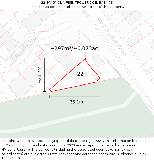 22, MAGNOLIA RISE, TROWBRIDGE, BA14 7SJ: Plot and title map