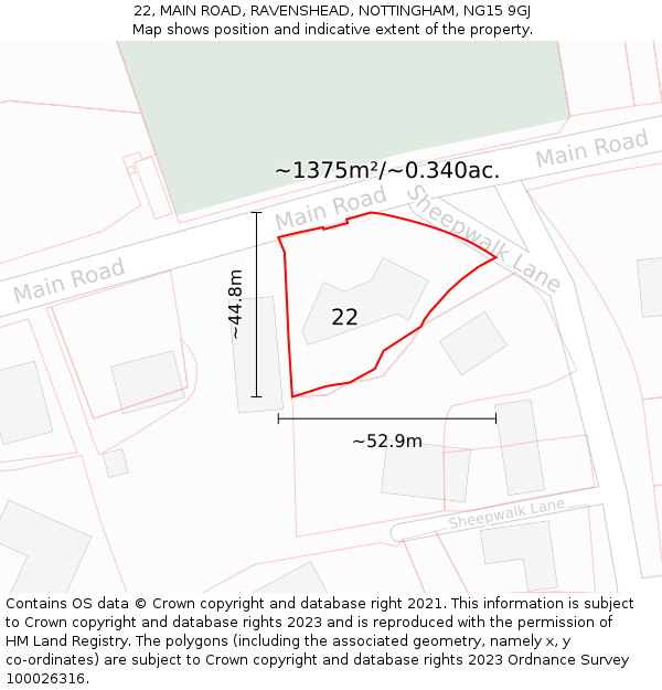 22, MAIN ROAD, RAVENSHEAD, NOTTINGHAM, NG15 9GJ: Plot and title map