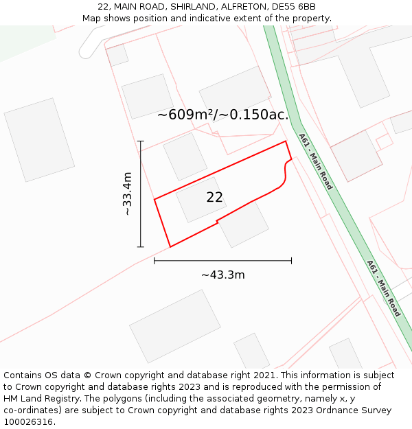 22, MAIN ROAD, SHIRLAND, ALFRETON, DE55 6BB: Plot and title map