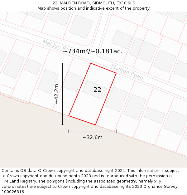 22, MALDEN ROAD, SIDMOUTH, EX10 9LS: Plot and title map