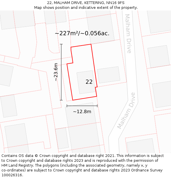 22, MALHAM DRIVE, KETTERING, NN16 9FS: Plot and title map