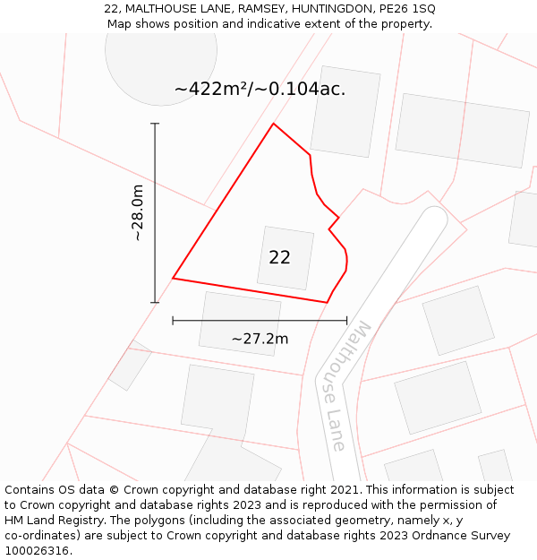 22, MALTHOUSE LANE, RAMSEY, HUNTINGDON, PE26 1SQ: Plot and title map