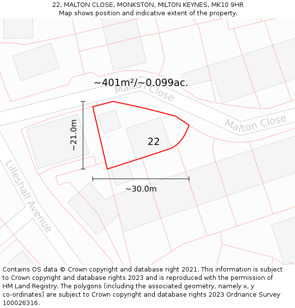 22, MALTON CLOSE, MONKSTON, MILTON KEYNES, MK10 9HR: Plot and title map