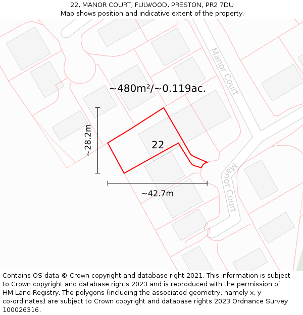 22, MANOR COURT, FULWOOD, PRESTON, PR2 7DU: Plot and title map